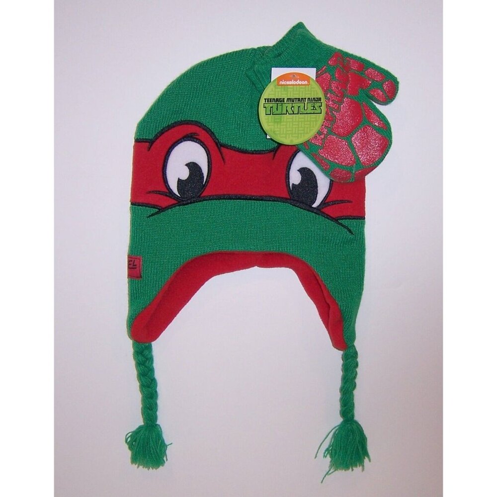 TMNT TEENAGE MUTANT NINJA TURTLES RAPH Knit TRAPPER HAT BEANIE Cap & GLOVES SET